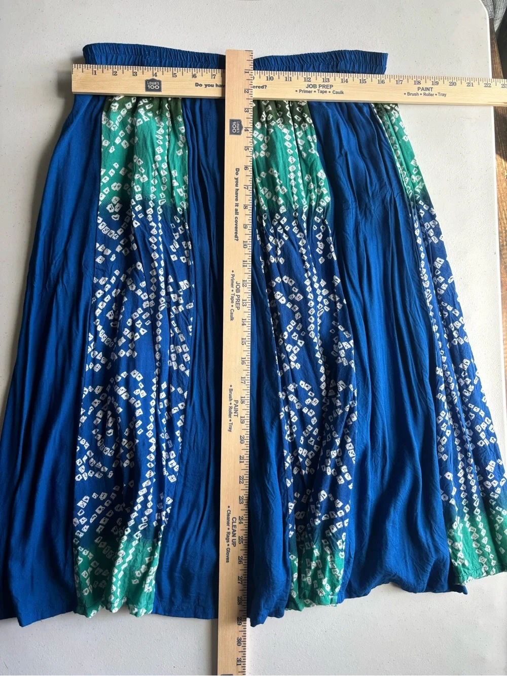 Serengeti Blue Green Batik Print Midi Skirt Size L Boho Elastic Waist